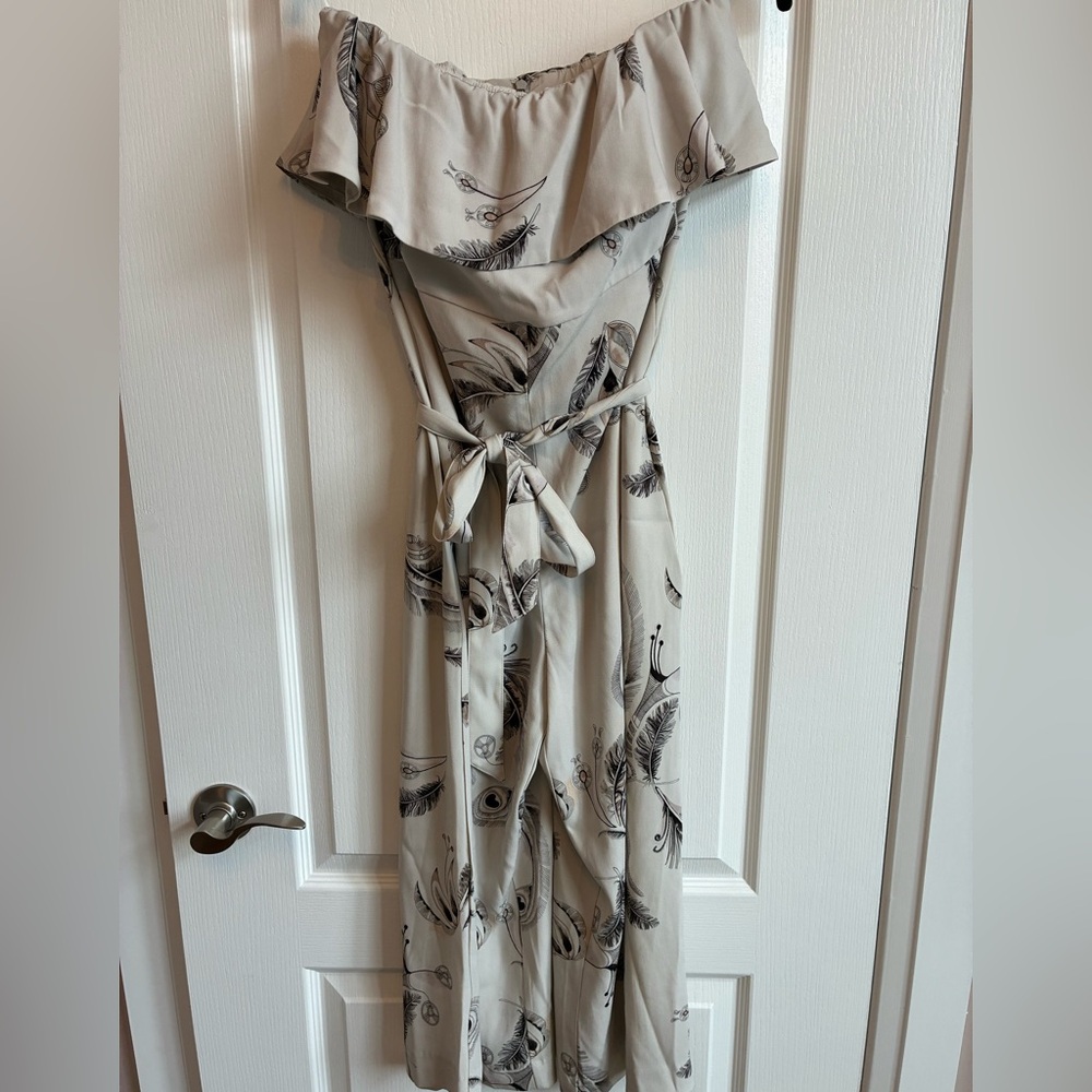 Babaton Strapless  Beige Feather-Print Women's Jumpsuit